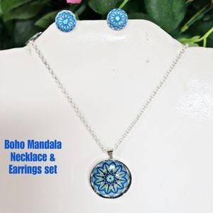 925/ COPPER 20" Chain w Mandala cobachon  & earrings. Handmade